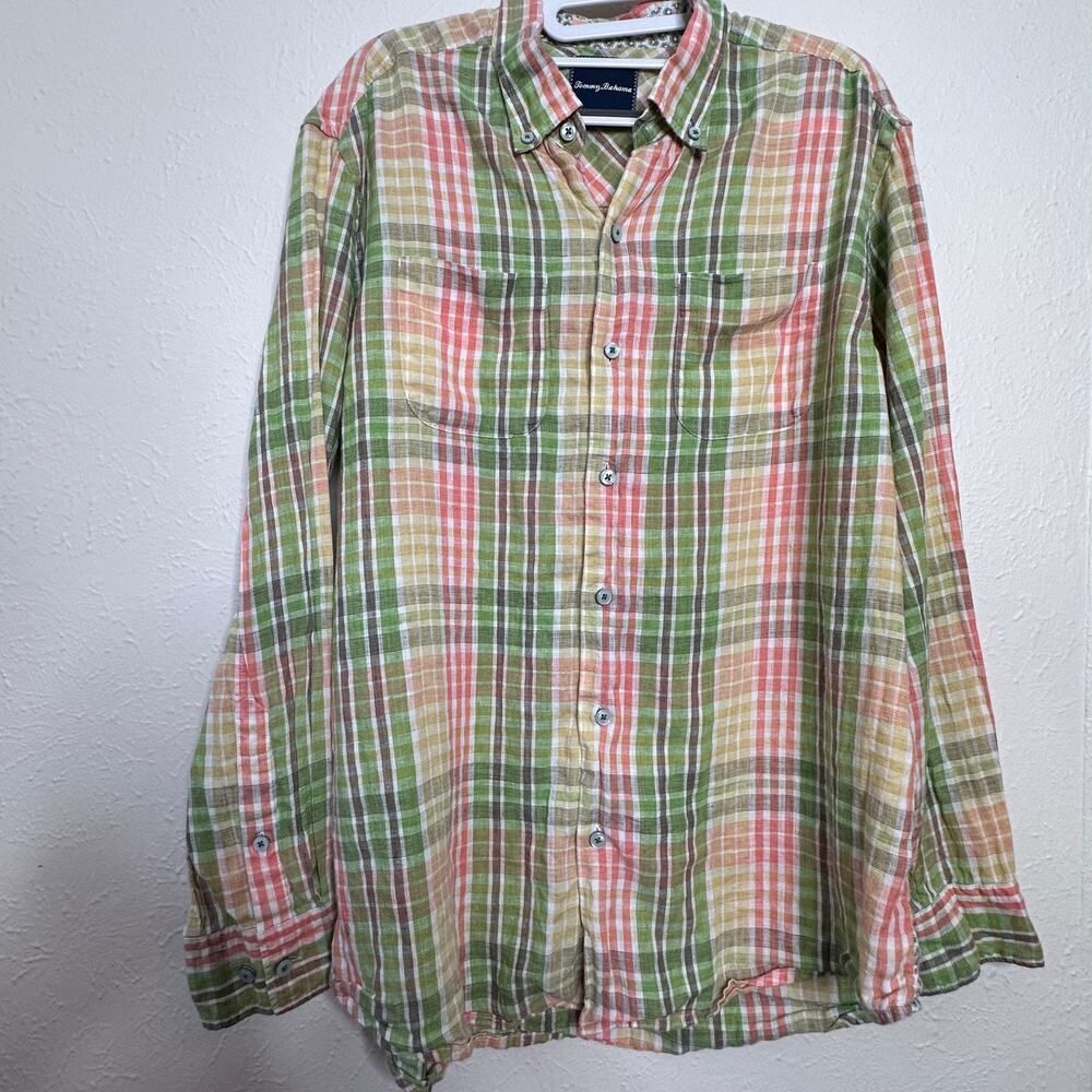 Tommy Bahama Sun Direction  Linen Blend Shirt MENS Medium Green Pink T312945